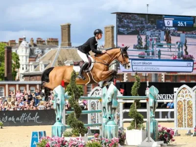 Showjumper clearing a fence during the Longines Global Champions Tour at Royal Hospital Chelsea.
