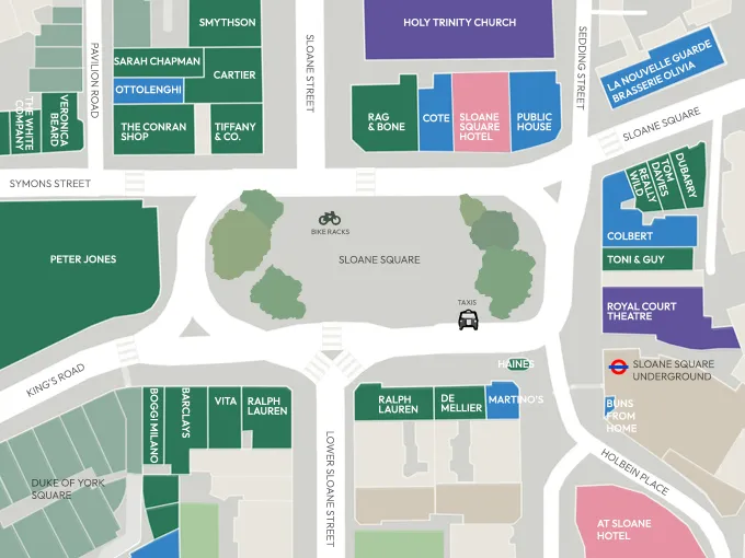 Sloane Square map with nearby shops, transport links and landmarks