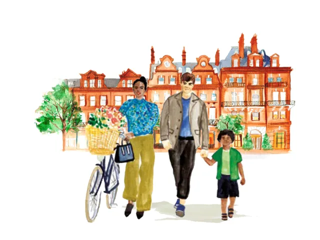 Family taking a leisurely walk during a neighborhood visit